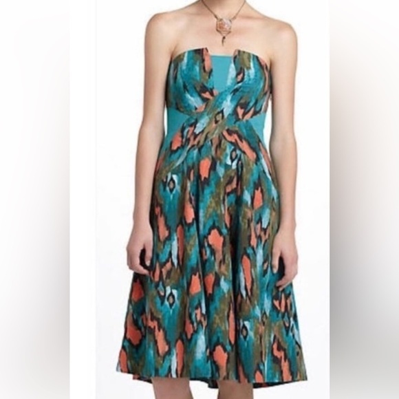 Anthropologie Girls From Savoy Teal Painted Ikat Strapless Dress Southwest Sz 4 - Picture 6 of 15